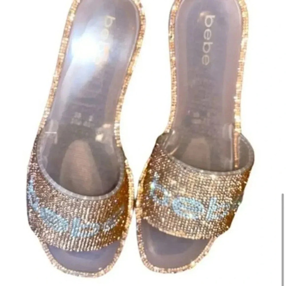 NWOT ROSE GOLD BEBE RHINESTONE FLAT SLIDES SIZE 8 EXTRA BLINGY✨✨ - Picture 7 of 9